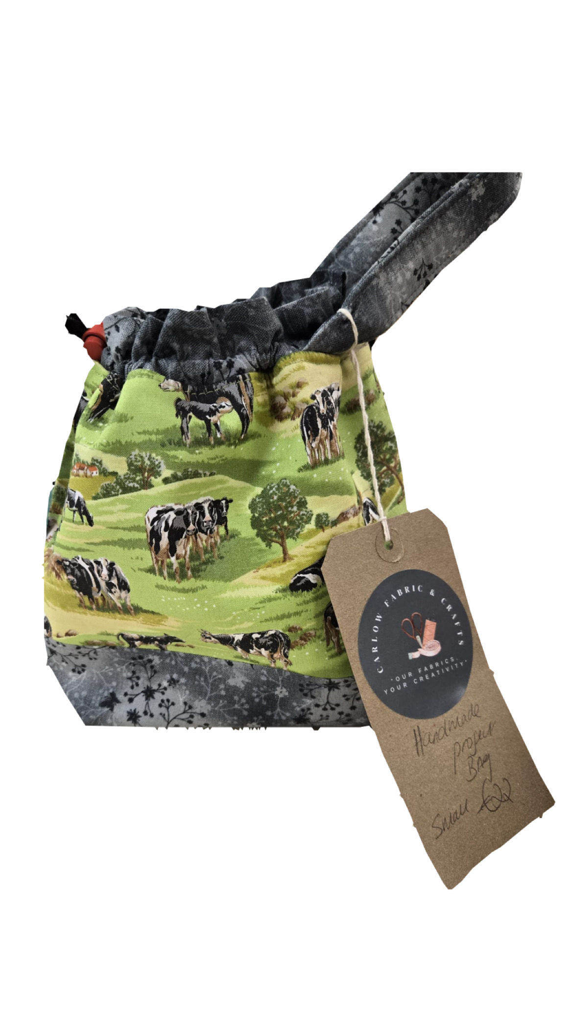 Handmade Project Bag - Cotton - Cow Print and Grey - medium 