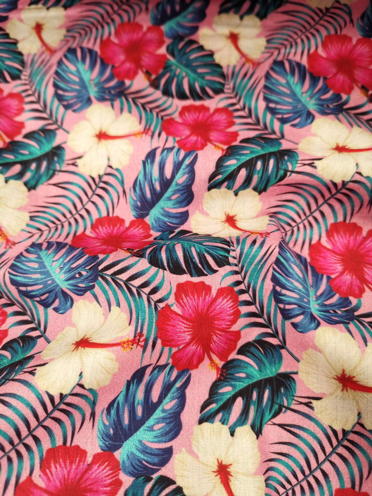 Woven Cotton - Tropical Flower And Leaf Print  - Pink And Multicoloured