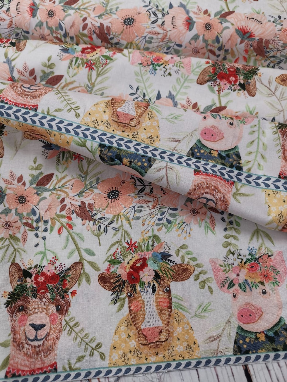Thumbnail: Quilting Cotton - Free Spirit - Mia Charro - Farm Friends - Arrangement - Ivory 