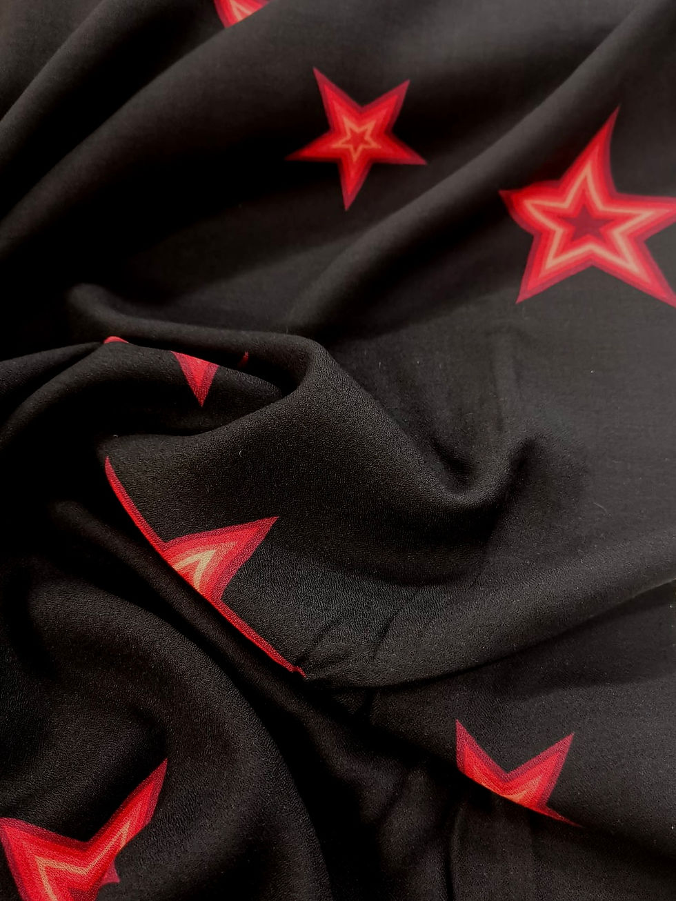 Woven Viscose - Abstract Star Print - Black and Red Tones