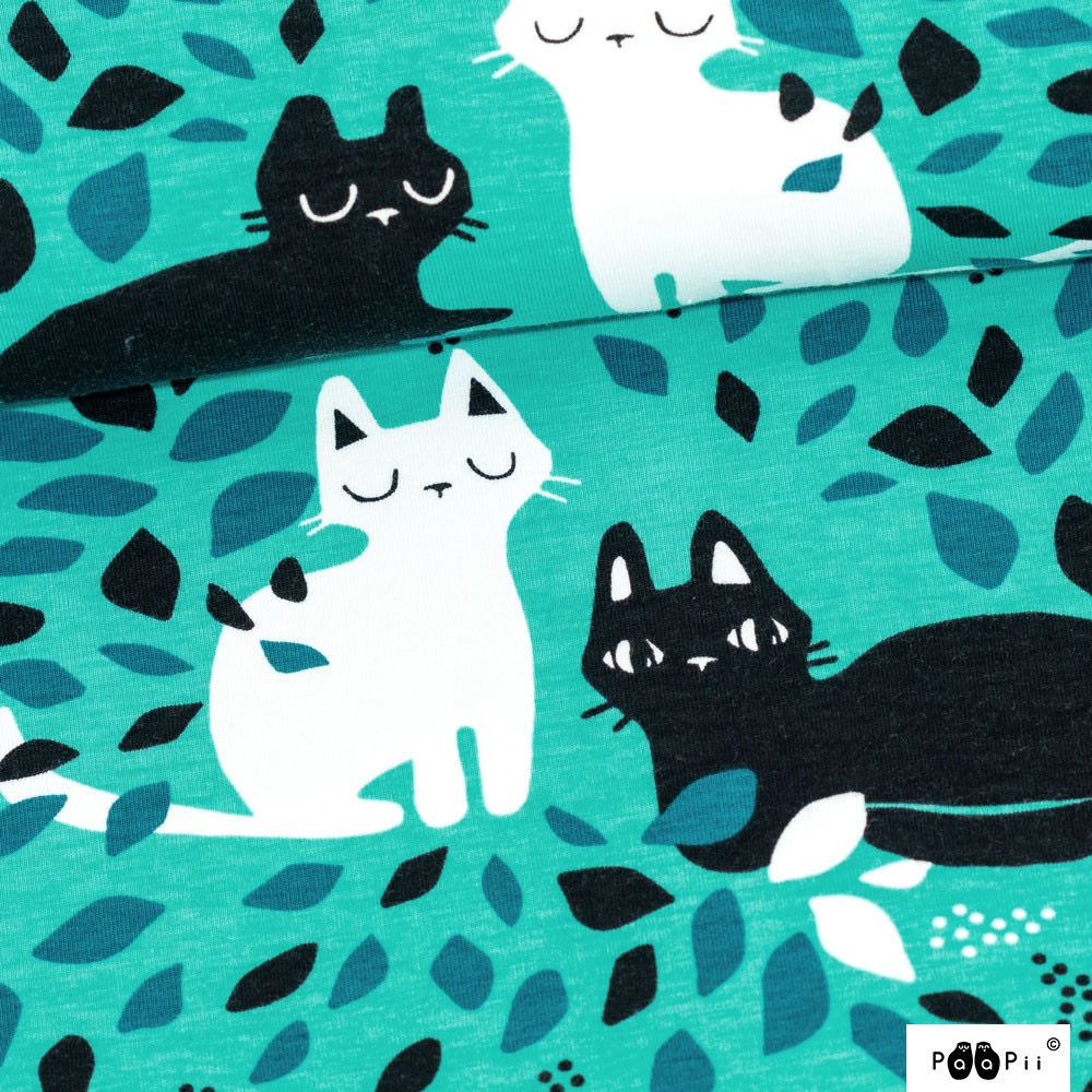 Paapii Design Finland - Organic Cotton Jersey - Cat Print - Green And Multi