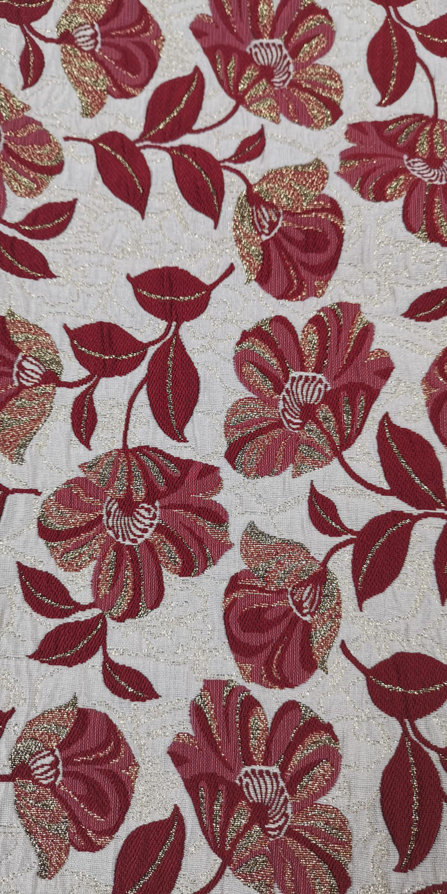Thumbnail: Reversible Brocade Fabric - Metallic Floral Print - White & Burgundy