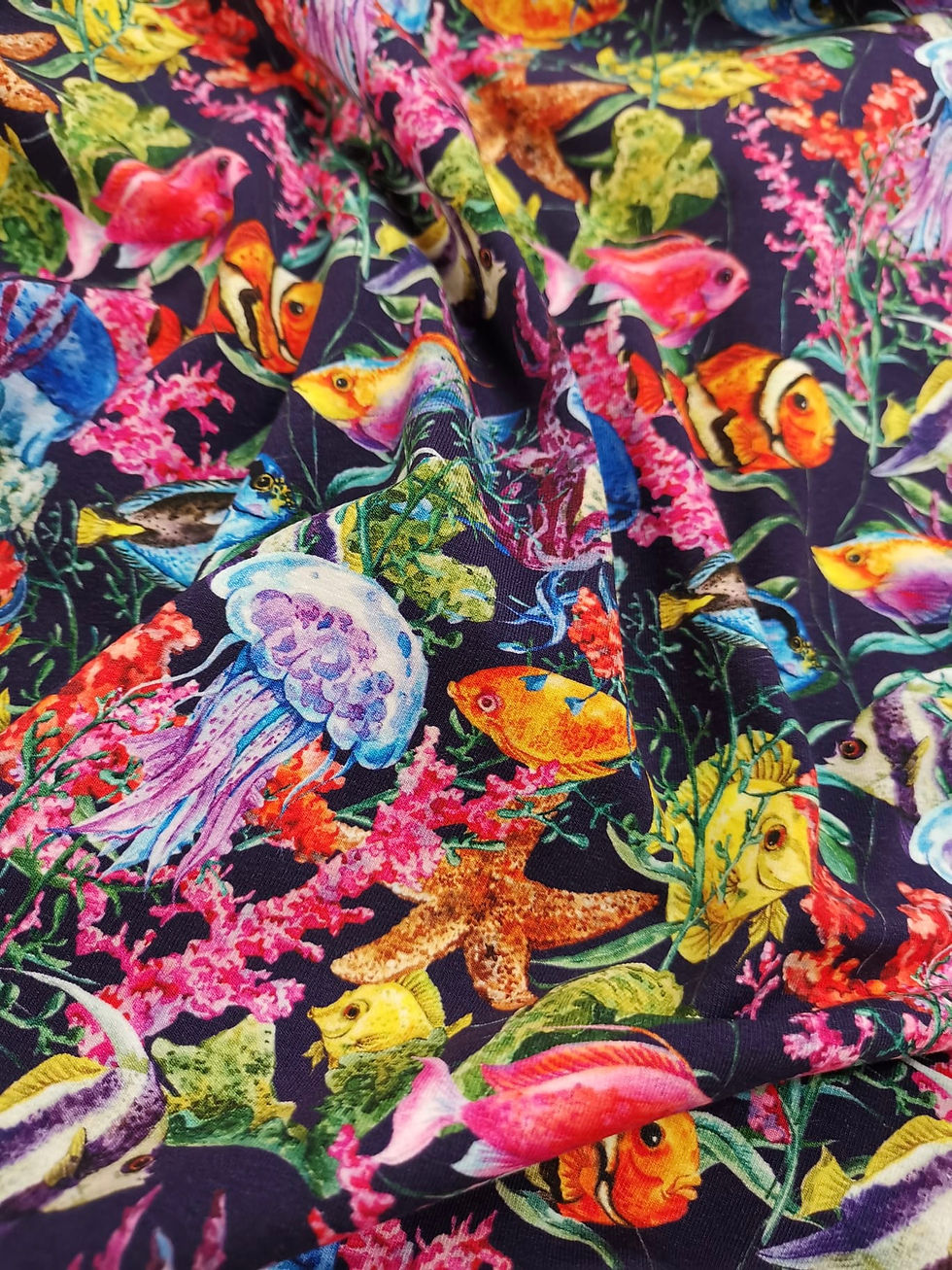 Thumbnail: Cotton Jersey - Sea Creatures Print - Navy And Multi
