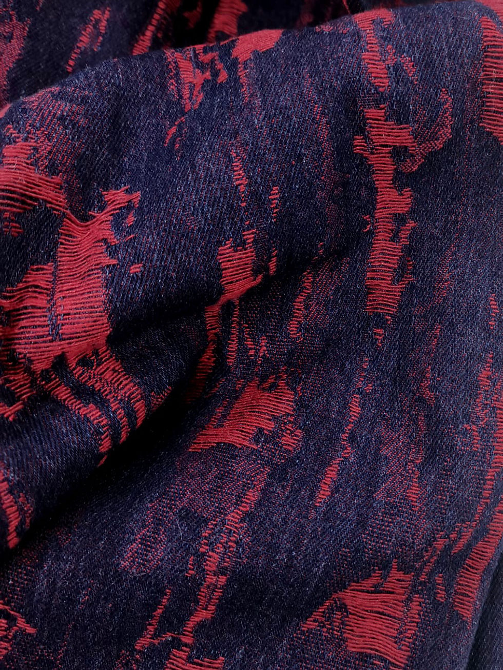 Thumbnail: Denim Fabric - Cotton Mix - Distressed Effect Print - Deep Red & Indigo