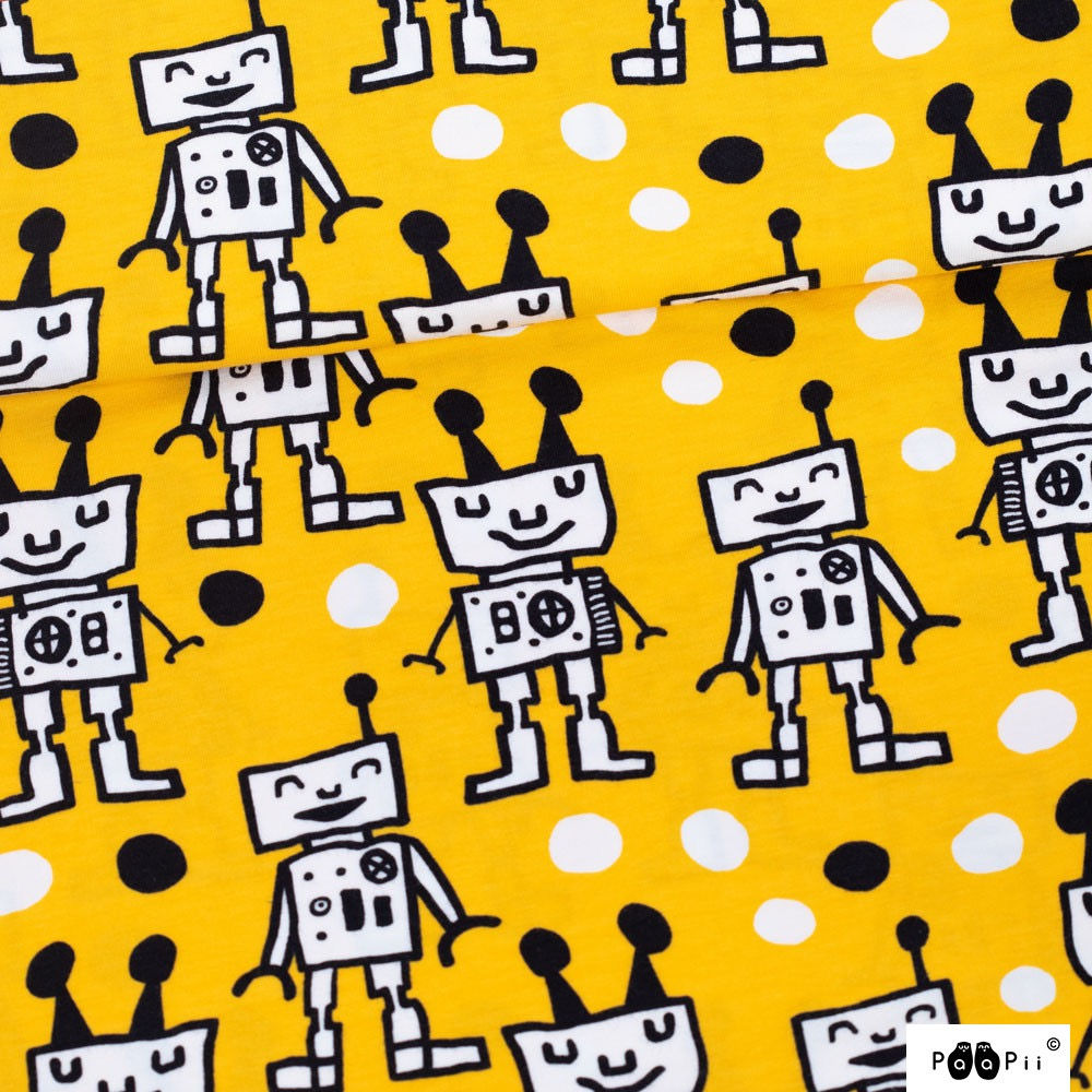 Paapii Design Finland - Organic Cotton Jersey - Robot Print - Yellow And Multi