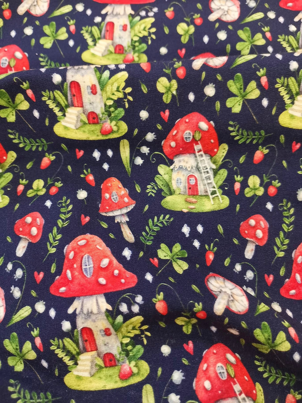 Thumbnail: French Terry -  Toadstool Print - Navy And Multi
