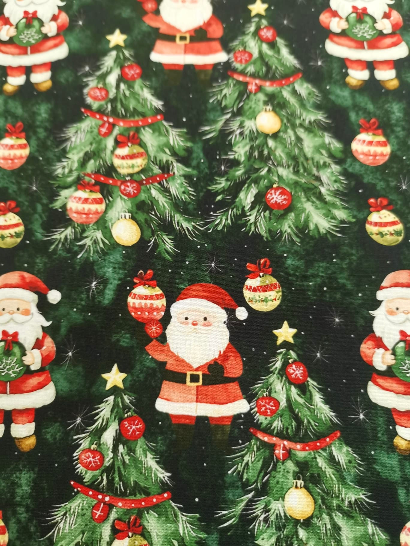 Cotton Poplin - Vintage Santa & Christmas Tree Print - Green & Ivory