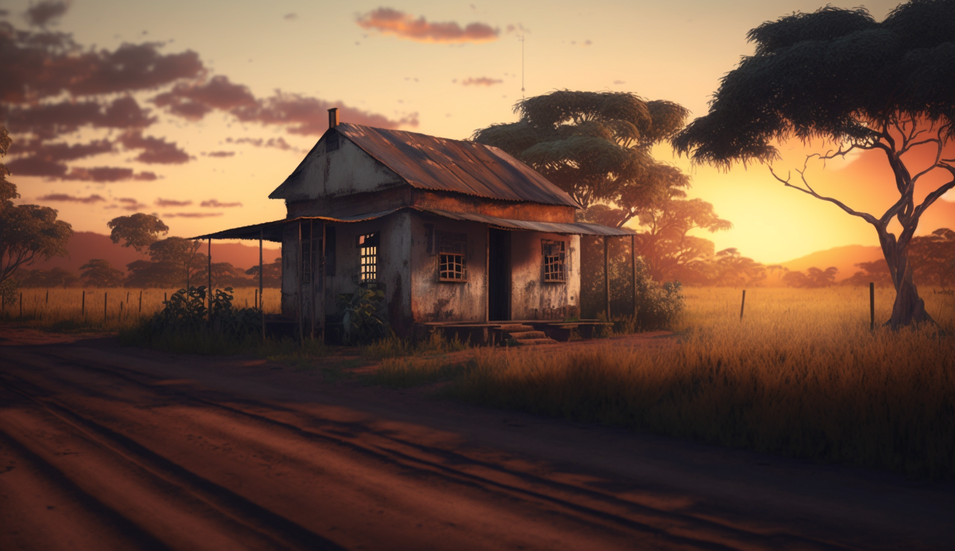 Casebre no Sertão no pôr do sol, imagem gerada por IA