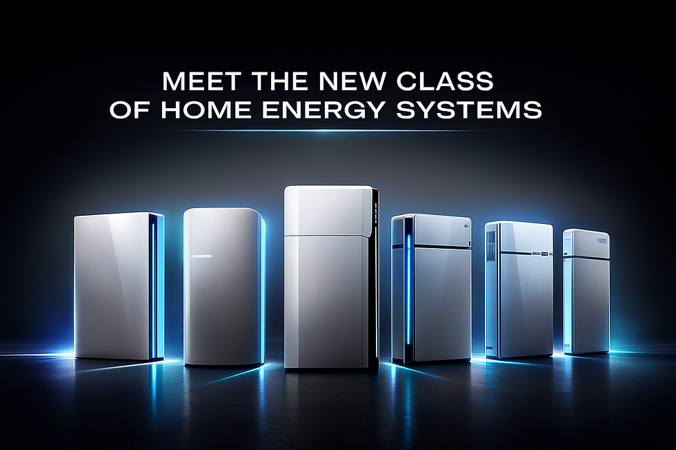 “Cinematic dark-blue hero image showing five unbranded energy storage systems lined up side-by-side on a reflective floor, illuminated with blue backlighting. Bold text reads ‘The Next Generation of ESS.’”