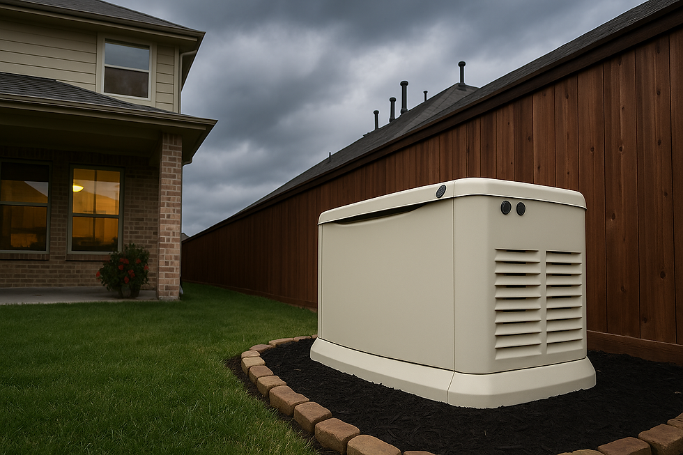 A beige generator sits on a lawn beside a brick house under cloudy skies. A wooden fence lines the yard. Warm light shines from the windows.