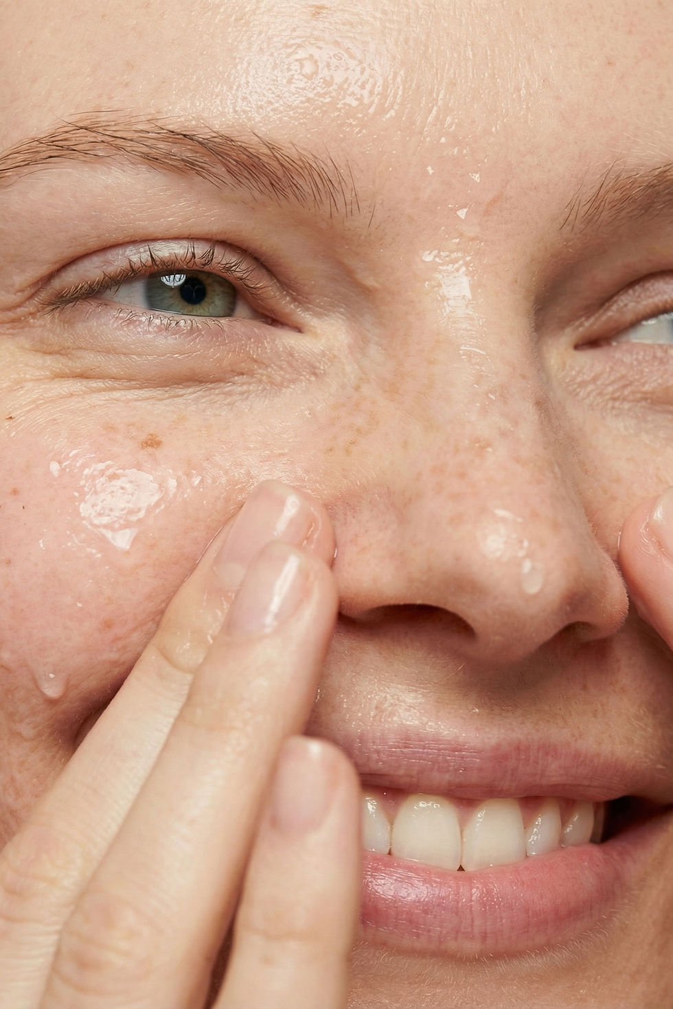 Close-up of a smiling person applying skincare, fingers gently massaging cheek. Skin appears dewy, conveying freshness and care.