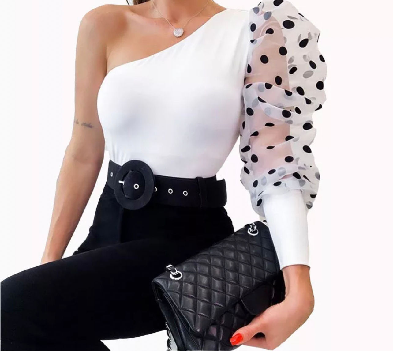 White Black Patchwork Mesh Blouse Women Polka Dot Puff Sleeve Top One Shoulder
