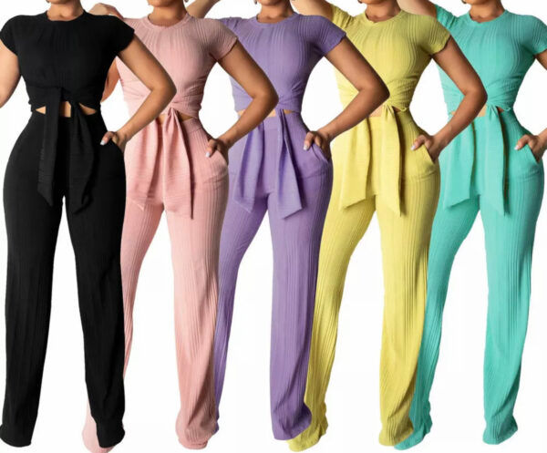 Thumbnail: Albidalove Short Sleeve Ribbed Tie Front Crop Top Wide Leg Pants Set
