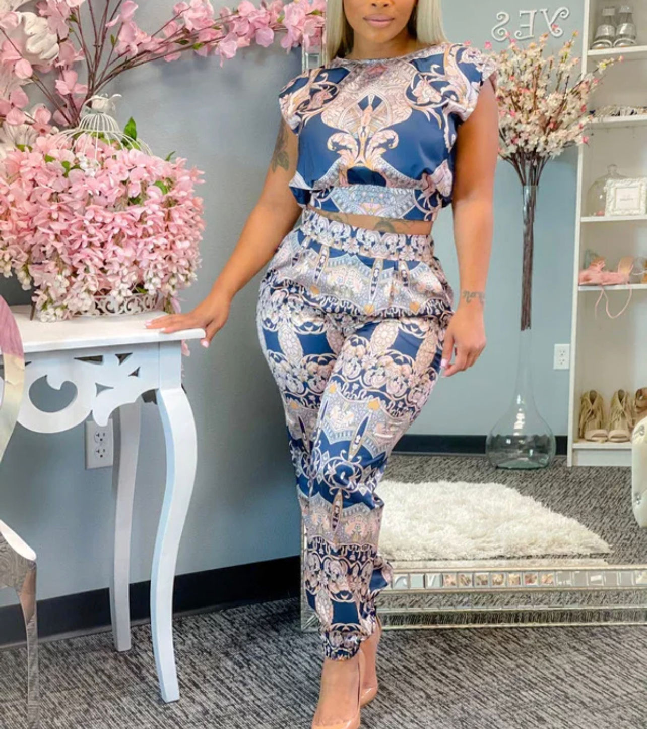 Albidalove Two Piece Set Sleeveless Crop Wide Pants