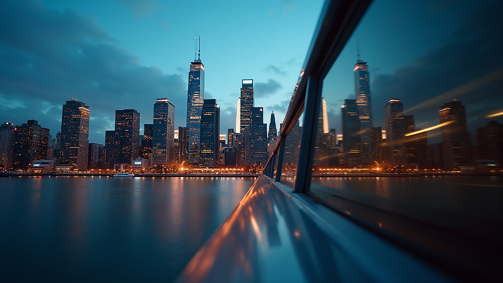 Eye-level view of a city skyline reflecting the evening lights