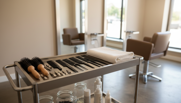 Close-up of a salon trolley with clean brushes, clips, and a folded towel arranged with care