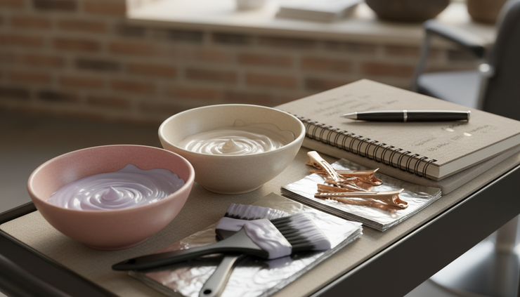 Close-up view of colour bowls and foils laid out for a careful consultation.