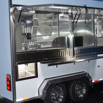 Food truck interior, stainless steel counters, equipment