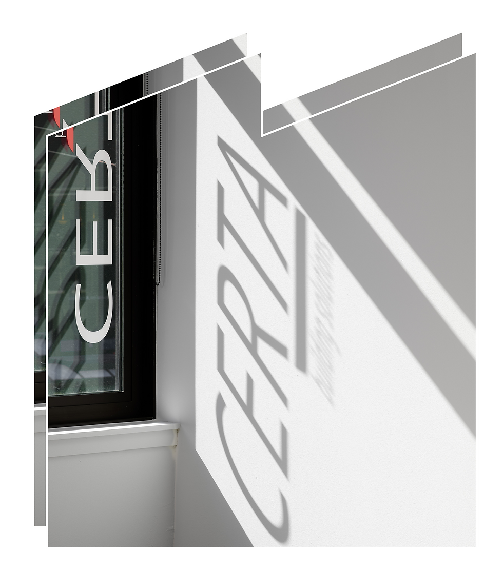 CERTA branding logo on a white wall near a window with sunlight