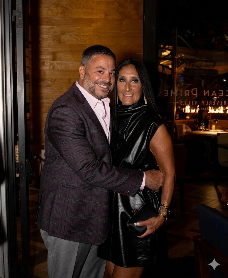Smiling couple embracing in a restaurant