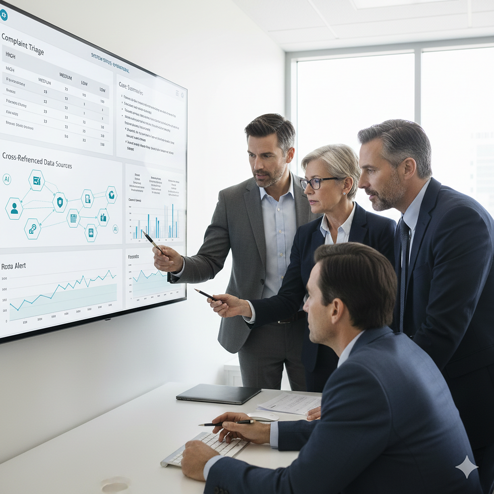 Fraud professionals reviewing data on a large screen with charts and graphs.