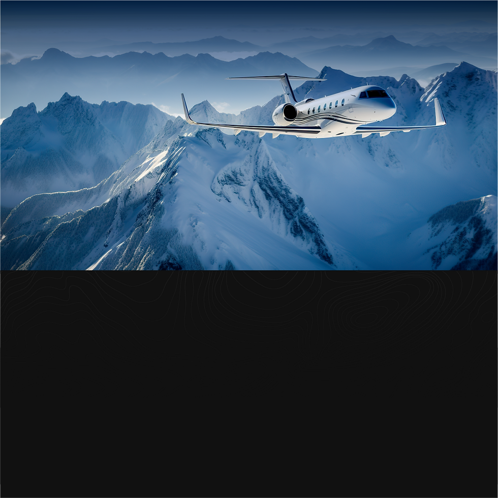 Private jet flying over snow-covered mountains on a clear day, showcasing the aircraft's sleek design and the stunning aerial