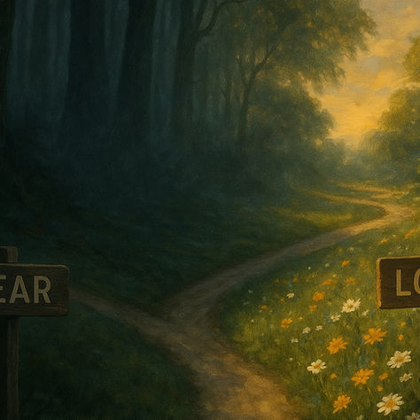 Illustration of a forked forest path with one direction leading into a dark, shadowy forest marked "Fear" and the other into a sunlit meadow with flowers marked "Love", symbolizing the human choice between fear and love.