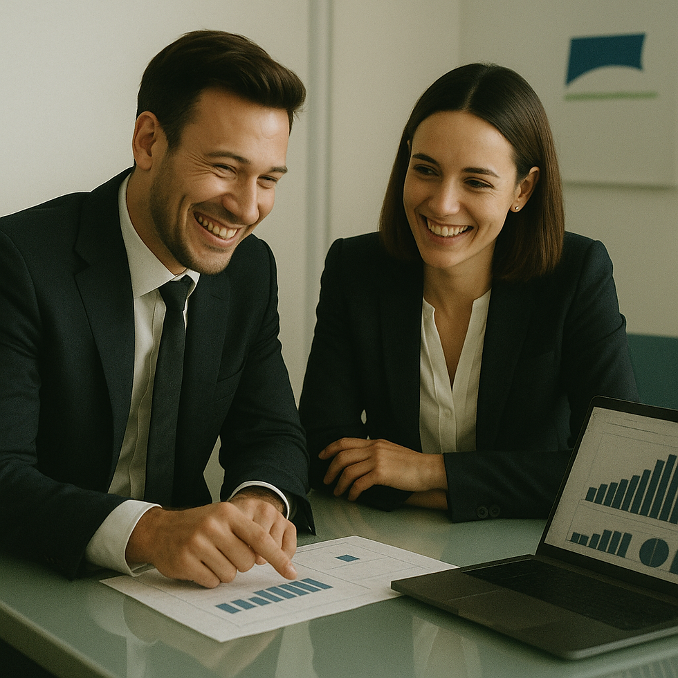 Two business professionals in formal attire smiling during a meeting, reviewing financial graphs on paper and a laptop in a modern office setting