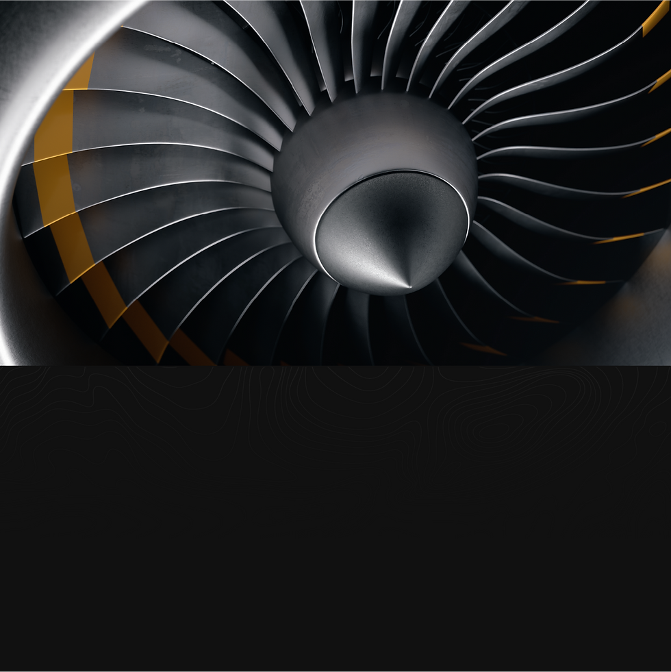 Close-up view of a jet engine turbine with sleek, metallic blades arranged in a circular pattern