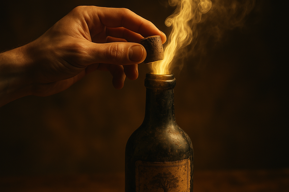 A hand uncorking an old, dusty wine bottle with glowing golden mist rising from the opening, symbolizing the release of hidden potential and spiritual awakening after a long season of obscurity.