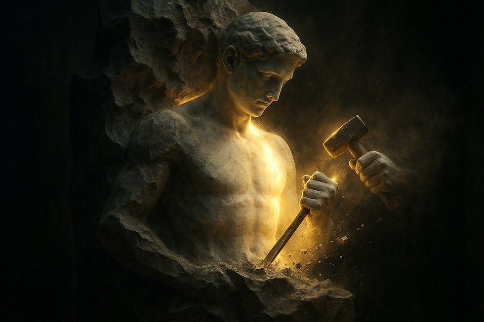 A glowing stone sculpture of a man chiseling himself out of rough rock, symbolizing emotional healing through pain and the transformative process of self-discovery.