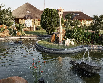 Landscaped lodge gardens with water feature and thatched-roof accommodation