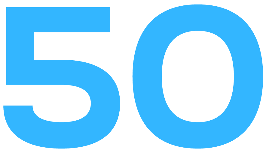 The number 50 in a bright blue bold text