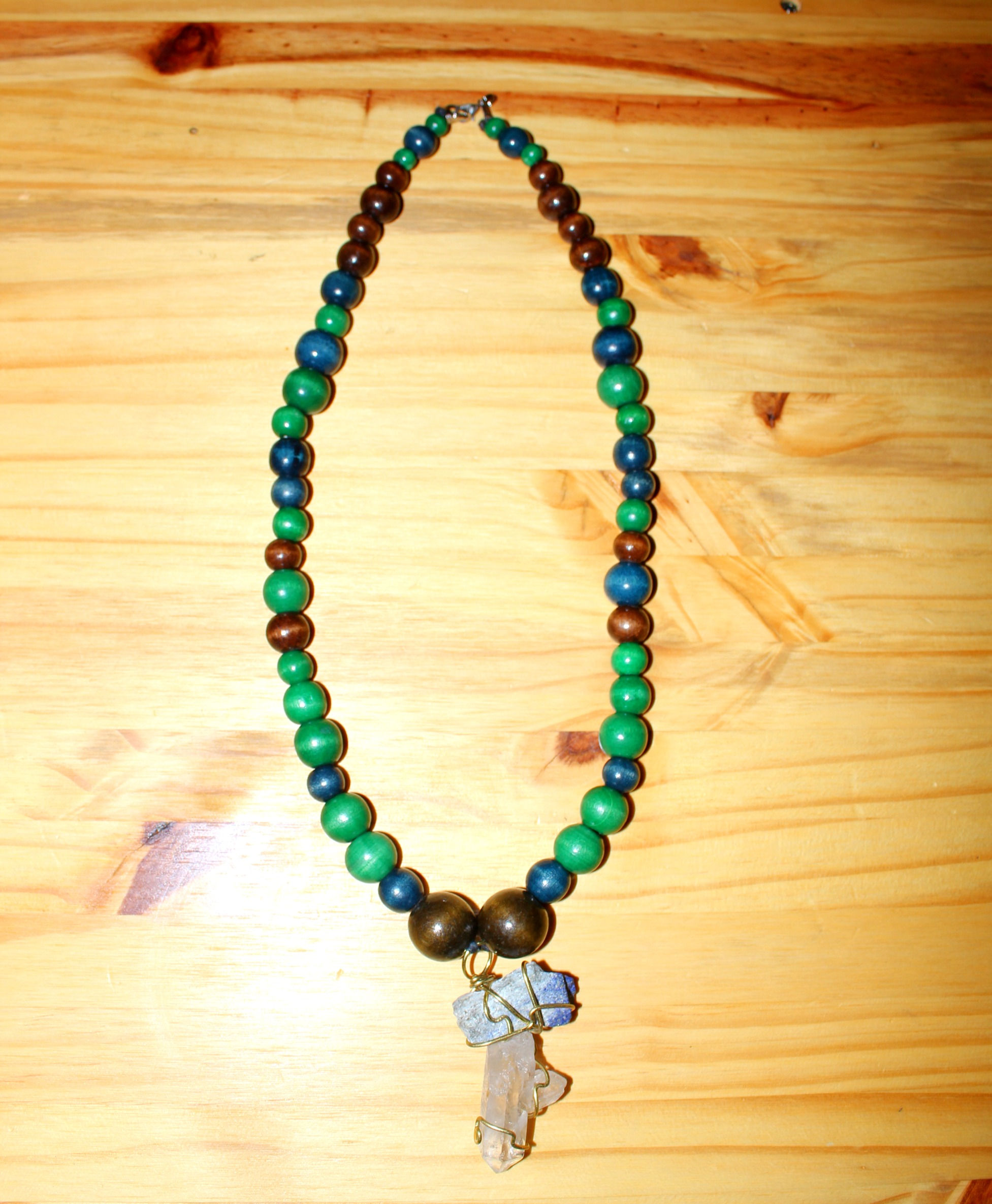 Hues of God Mens Wooden Neck Piece with Clear Quartz & Lapis Lazuli Stone