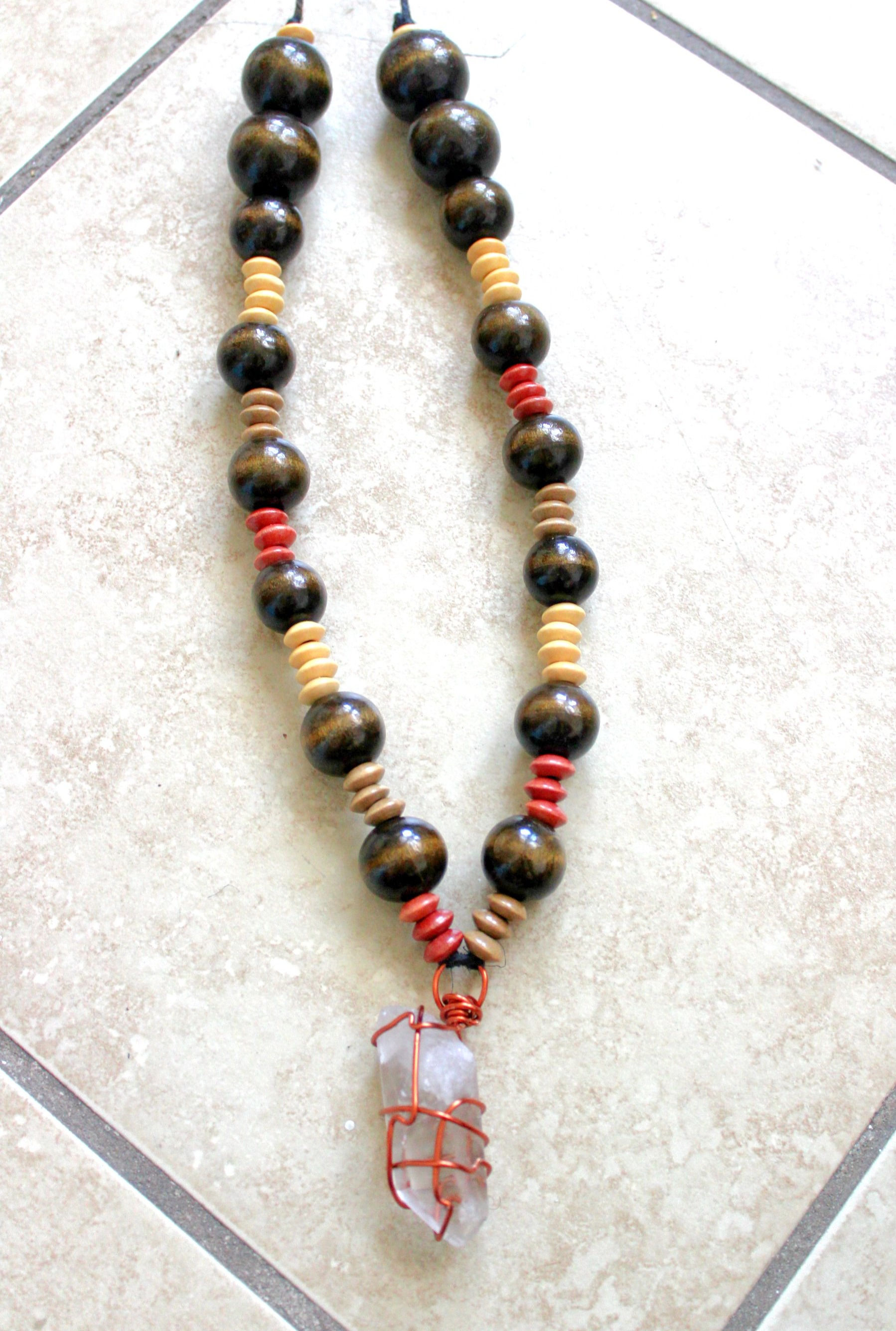 Colored Blind Vibes Mens Wooden Neck Piece with Clear Quartz Crystal