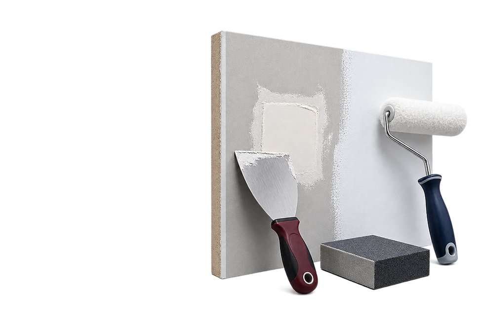 Drywall patch with putty knife, sanding block, and paint roller