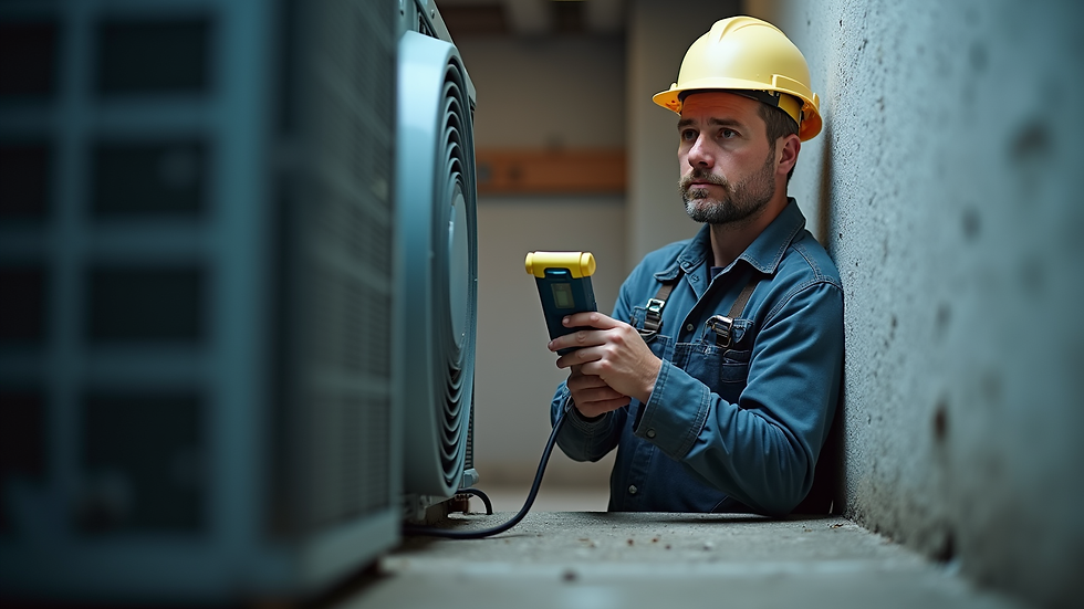 Eye-level view of an HVAC technician using a leak detector on an air conditioning unit