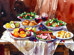 A watercolor painting of a feast