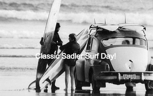 Sadler Surf School: Jim and Ken going out for a surf with the car on Long Beach (before the National Park). Tofino surfing history.