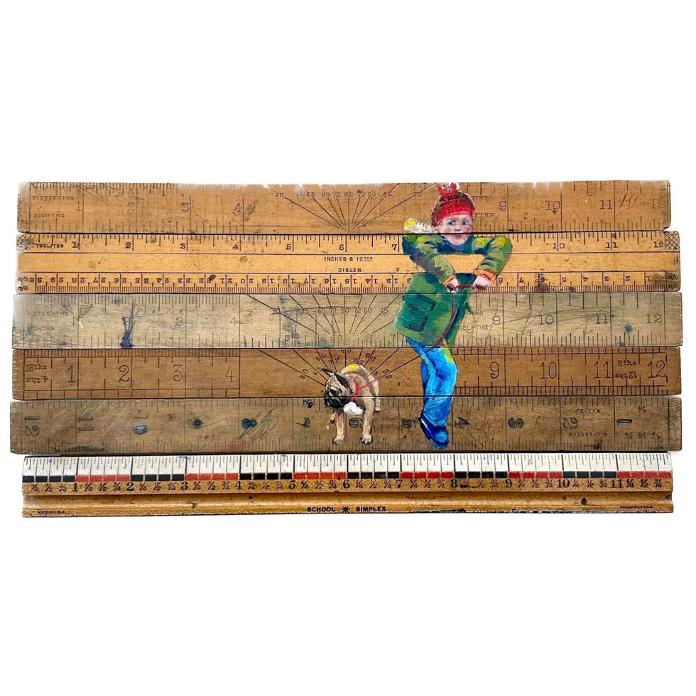 painting onto vintage rulers of a young boy and French bulldog