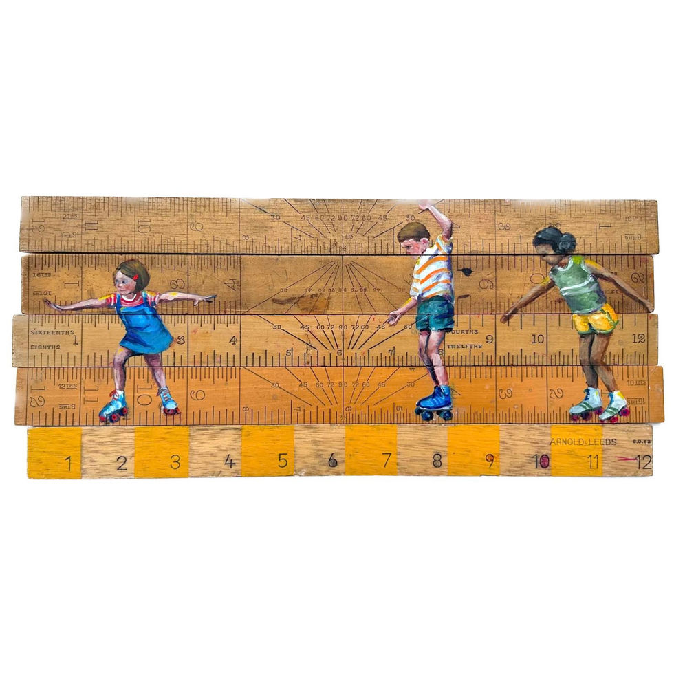painting onto vintage rulers of three children roller skating