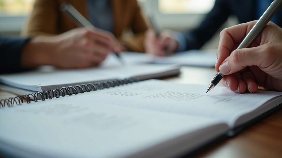 Close-up view of a notebook and pen during a group coaching workshop