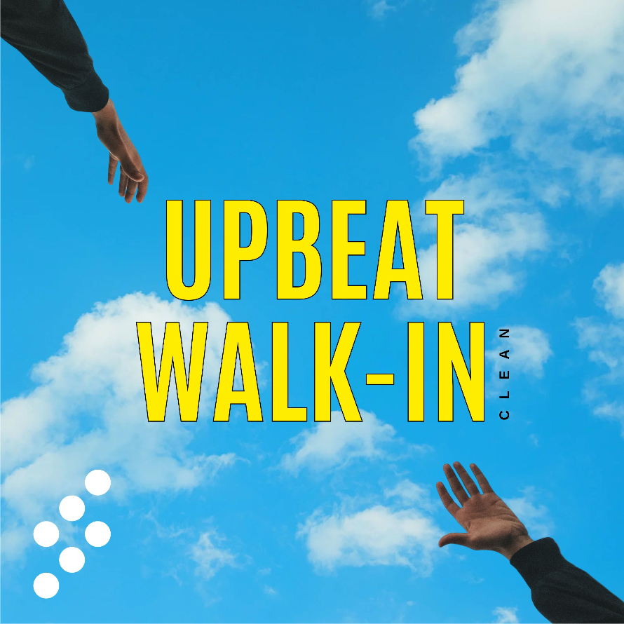 High-energy walk-in music playlist cover with bold yellow text on a blue sky background, designed for corporate event openings and sales kickoffs.