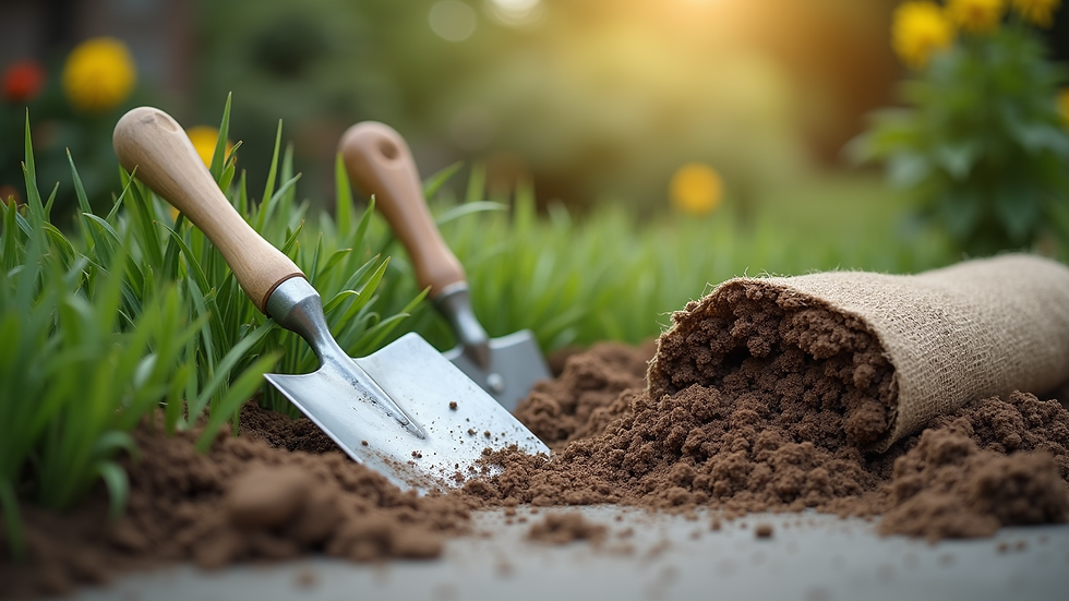 Close-up view of landscaping tools and materials ready for a project