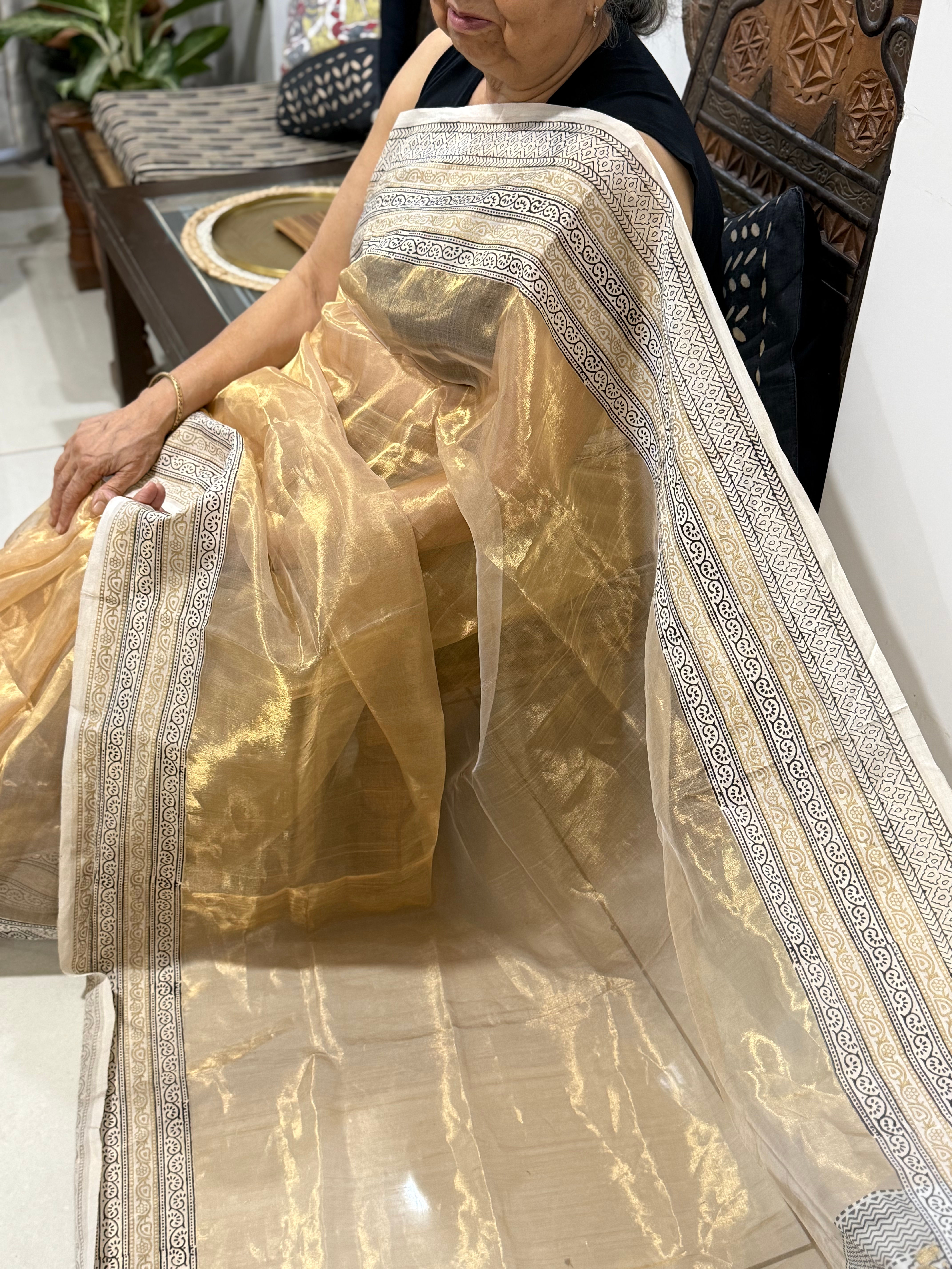 Gold Tissue silk block printed CHANDERI 