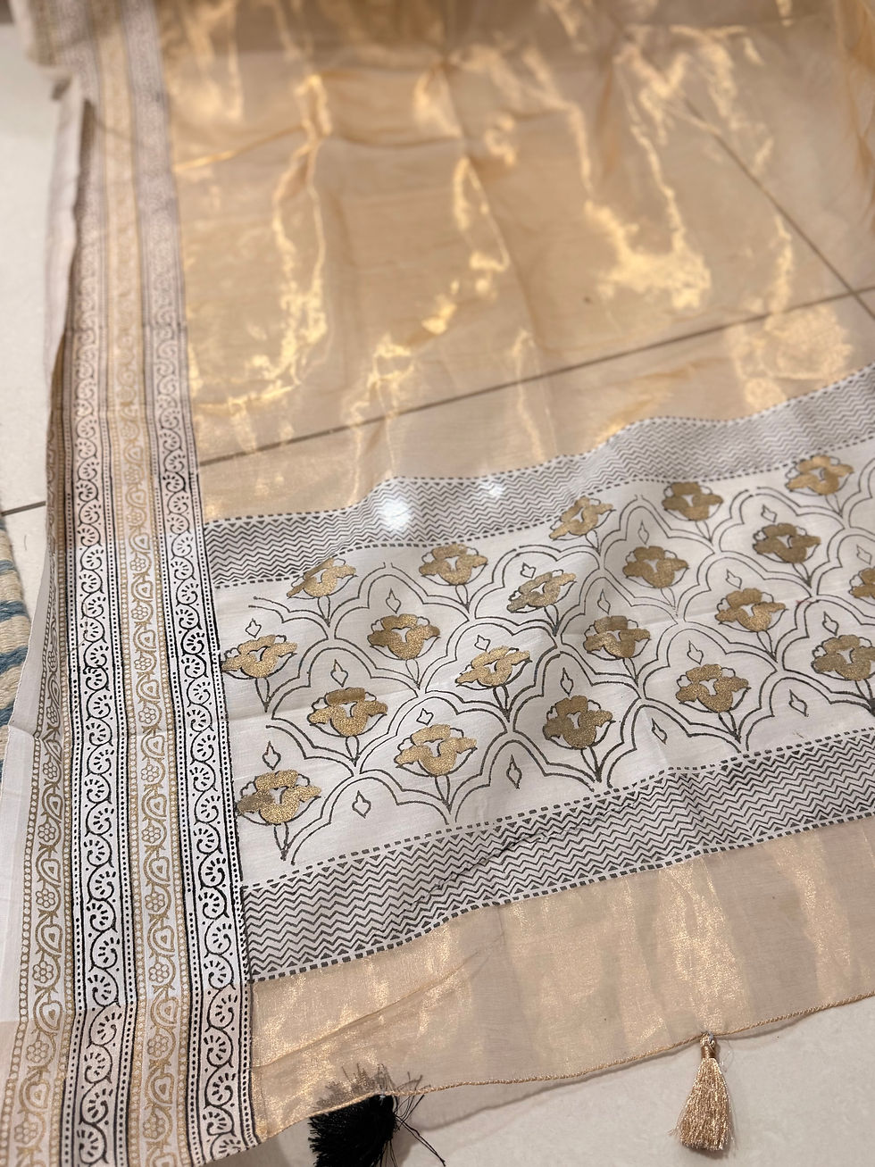 Thumbnail: Gold Tissue silk block printed CHANDERI 