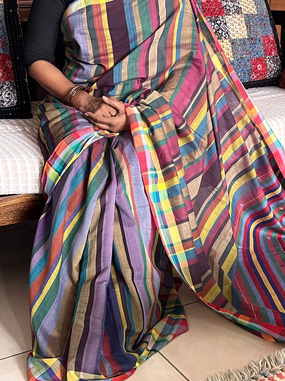 Thumbnail: BHUJODI Multi coloured striped fine cotton 