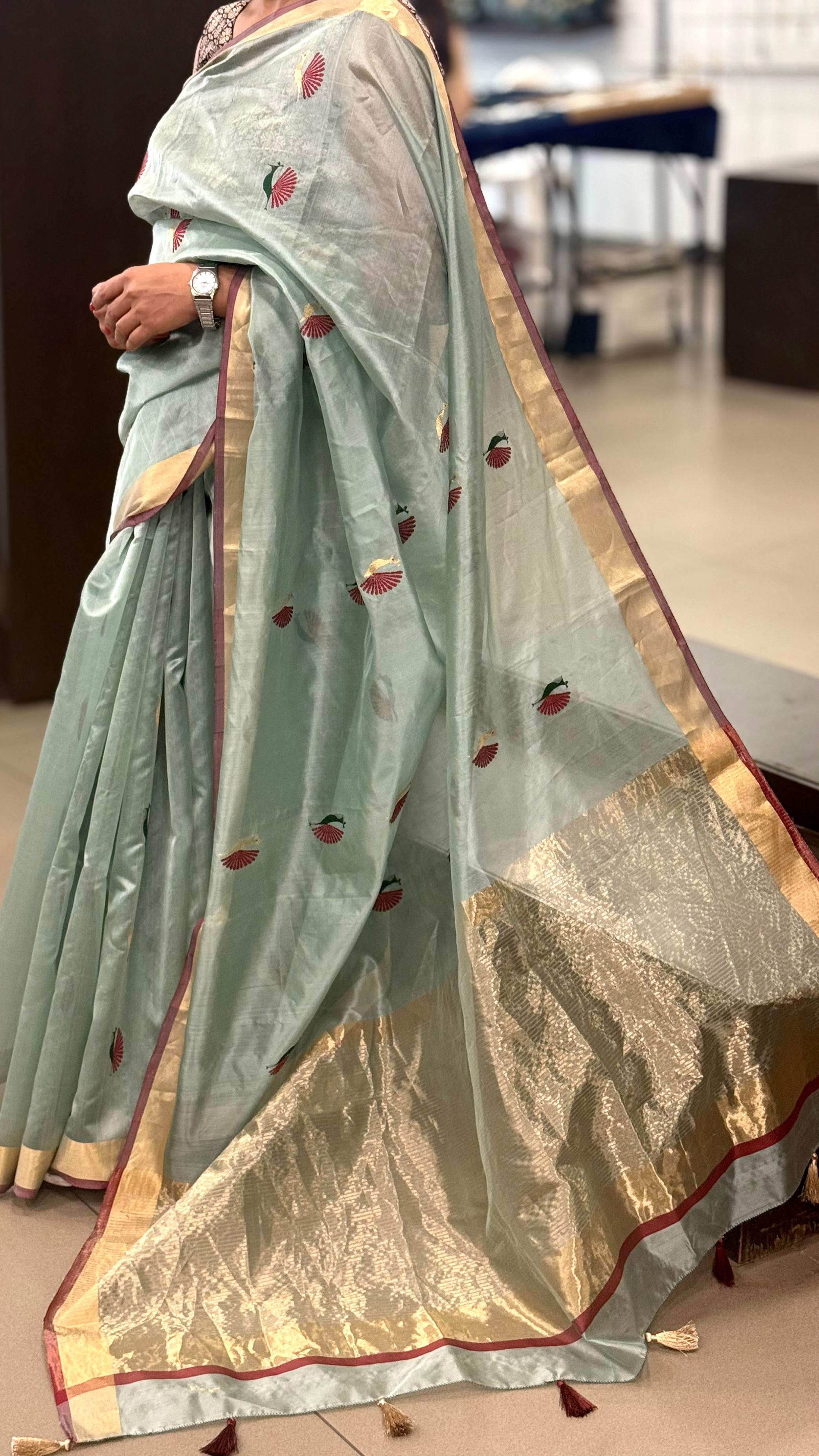 Pure pattu CHANDERI silk aqua blue saree