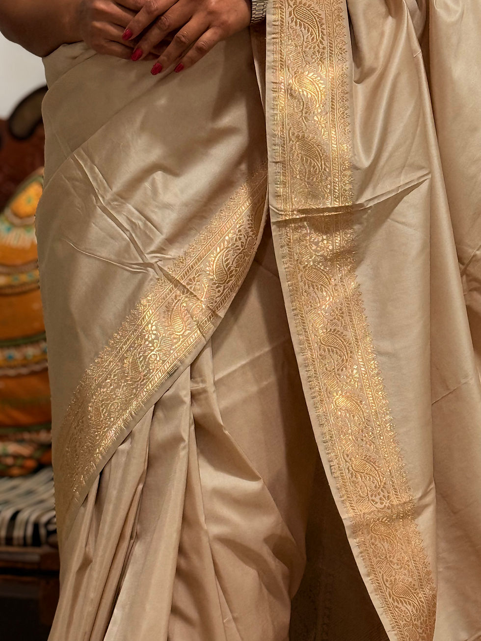 Thumbnail: Banarasi Kataan silk cream and gold saree