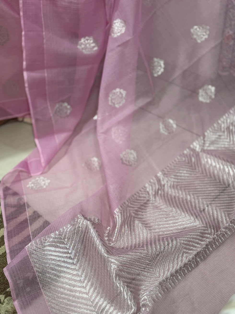 Thumbnail: Rose pink Real silver  Kota doria zari